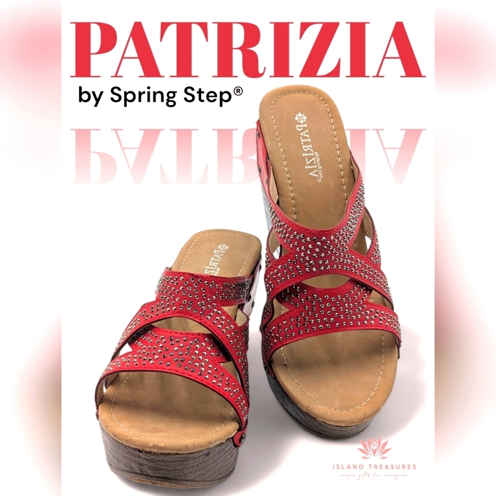 Patrizia By Spring Step Studded Red Sequin High Heel Wedge Sandal Sz US 9 EU 40